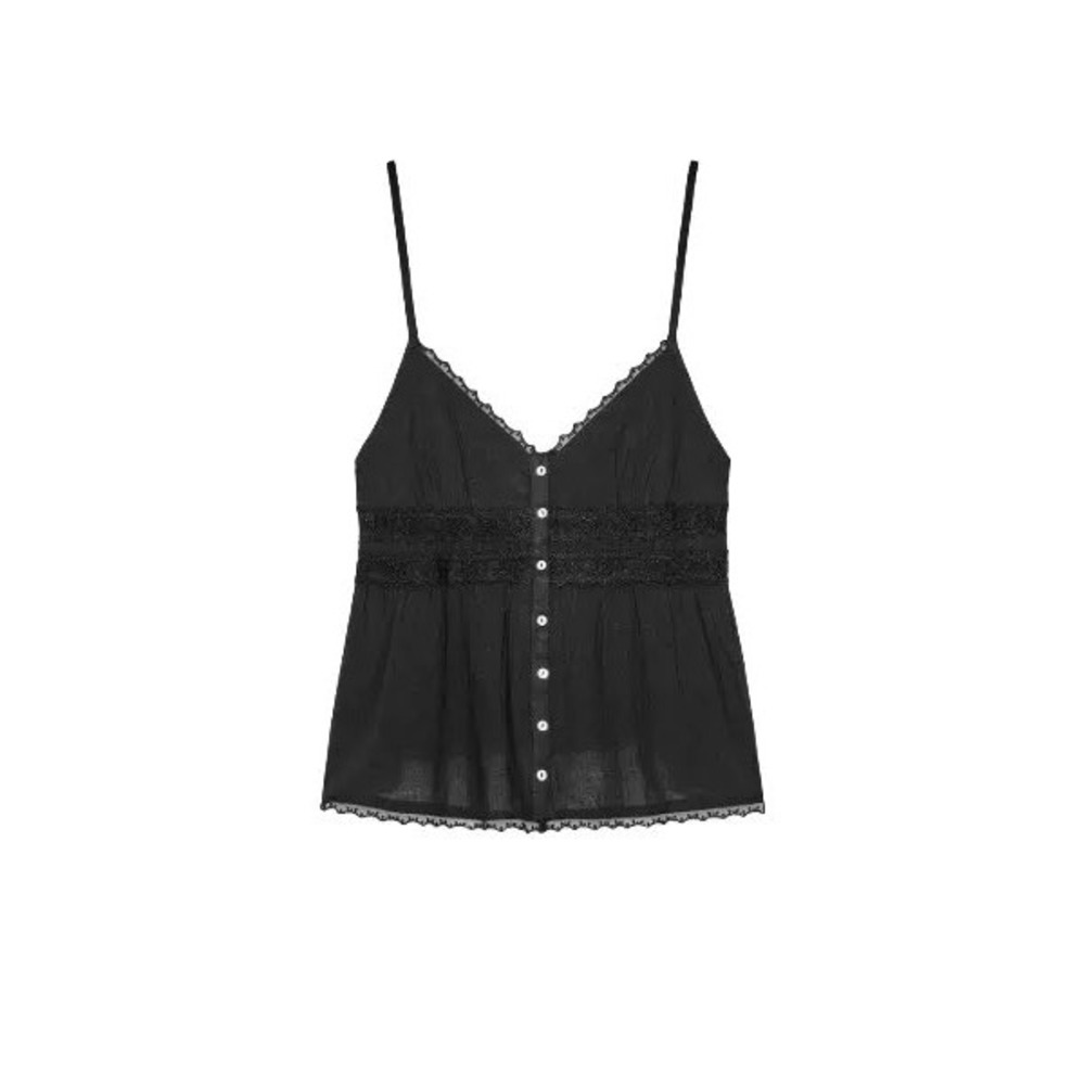 Zara Lace Trim Button Front Camisole Women Medium Black Sheer Boho Top